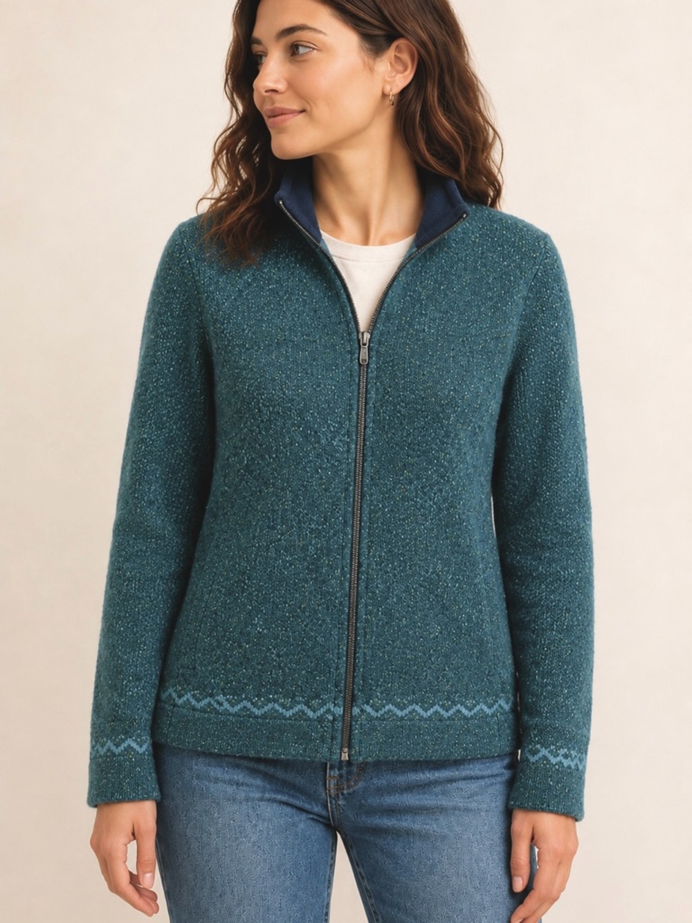 Woolrich Peacock Heather Full Zip Sweater Jacket L Wool Ramie